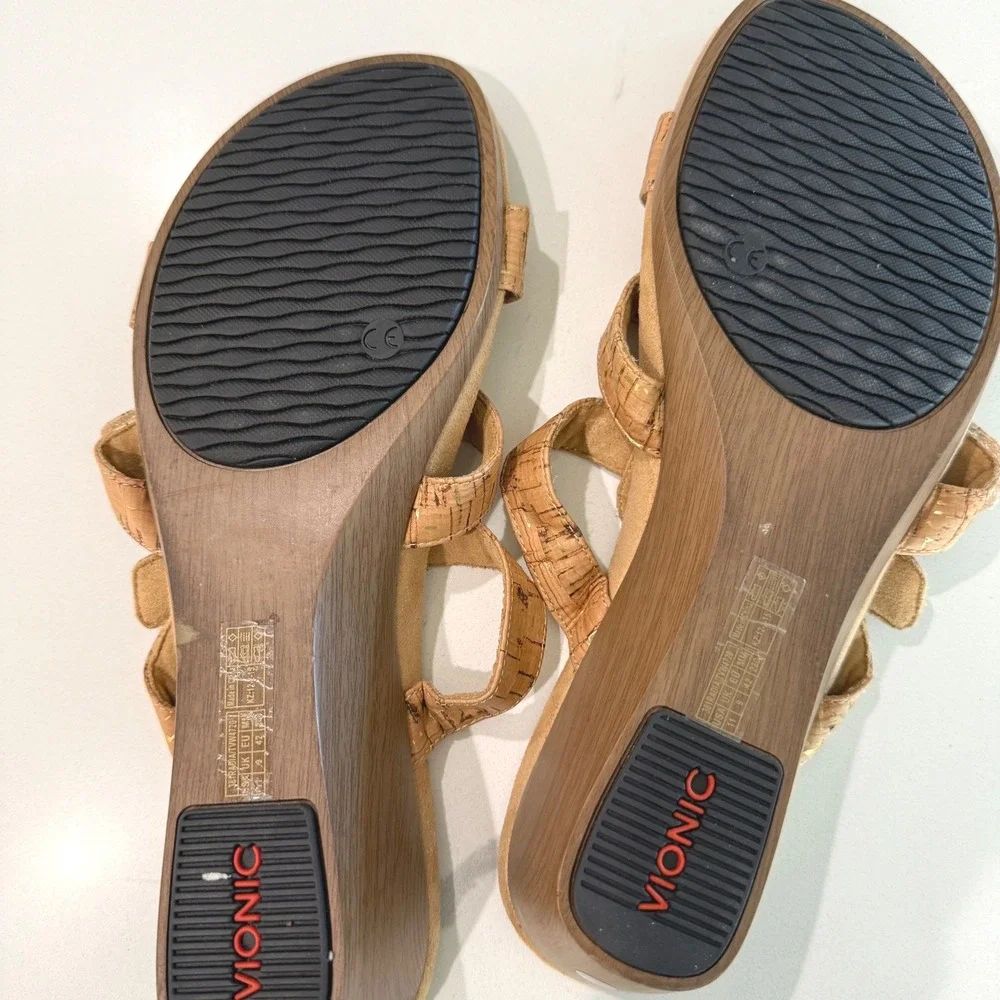Vionic Radia Cork Gold Metallic Wedge Sandals Womens Size 11 Adjustable Straps